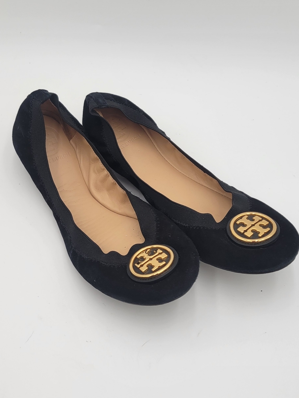 Tory Burch Black Suede Logo Ballet Flats with Gold Tone Logo size 8.5 - Picture 2 of 8